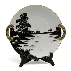 NIPPON Scenic Landscape Plate Black White with Gold Accented HANDLES 11" Vintage